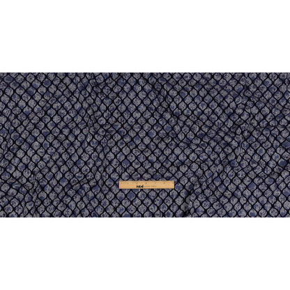 Navy Flocked Ogees on Floral and Herringbone Printed Stretch Cotton Shirting Full