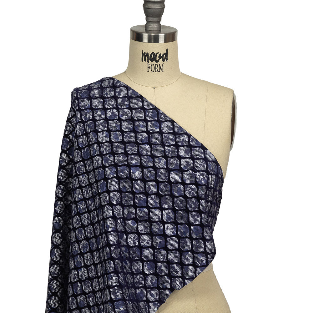 Navy Flocked Ogees on Floral and Herringbone Printed Stretch Cotton Shirting Drape