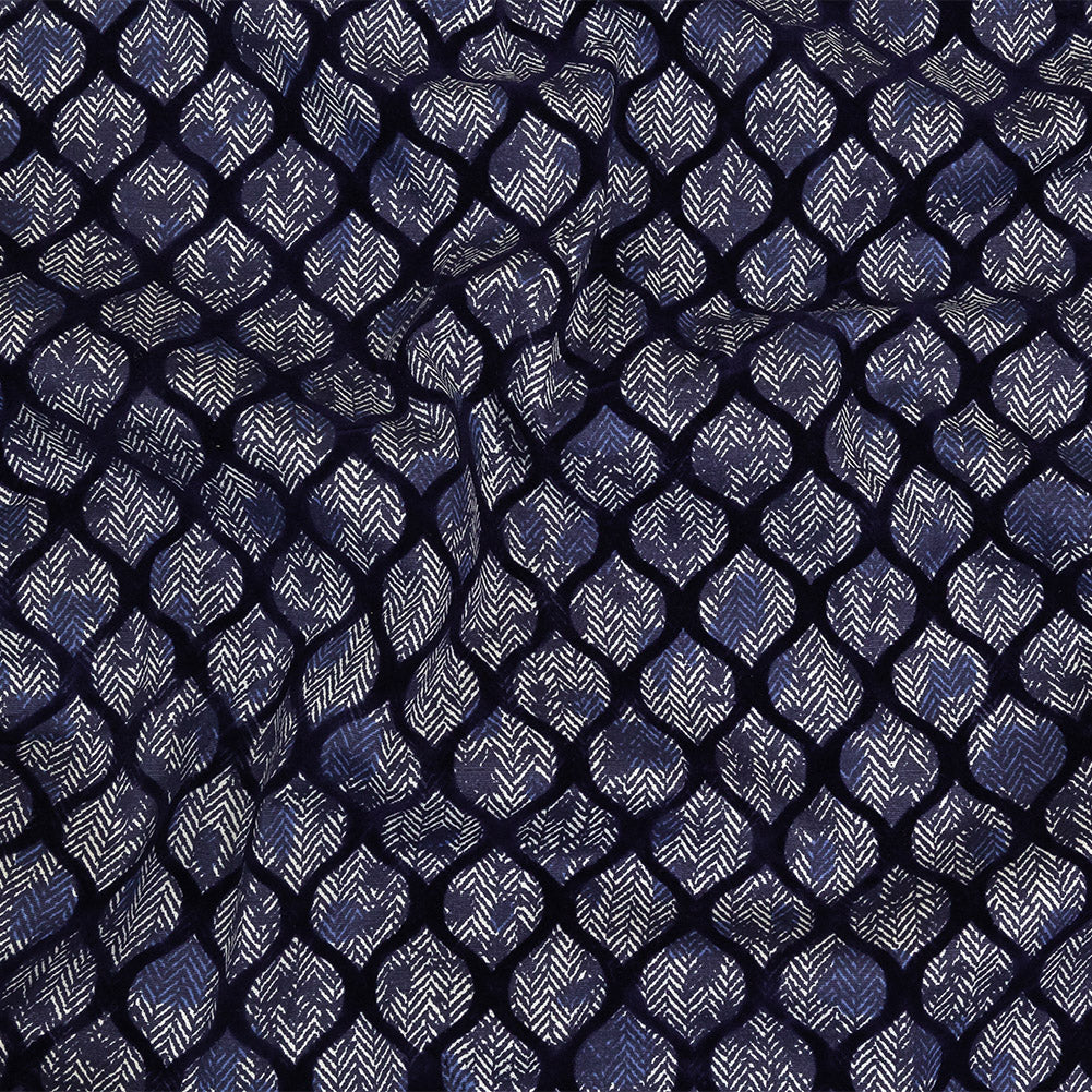 Navy Flocked Ogees on Floral and Herringbone Printed Stretch Cotton Shirting