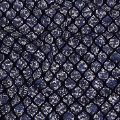 Navy Flocked Ogees on Floral and Herringbone Printed Stretch Cotton Shirting