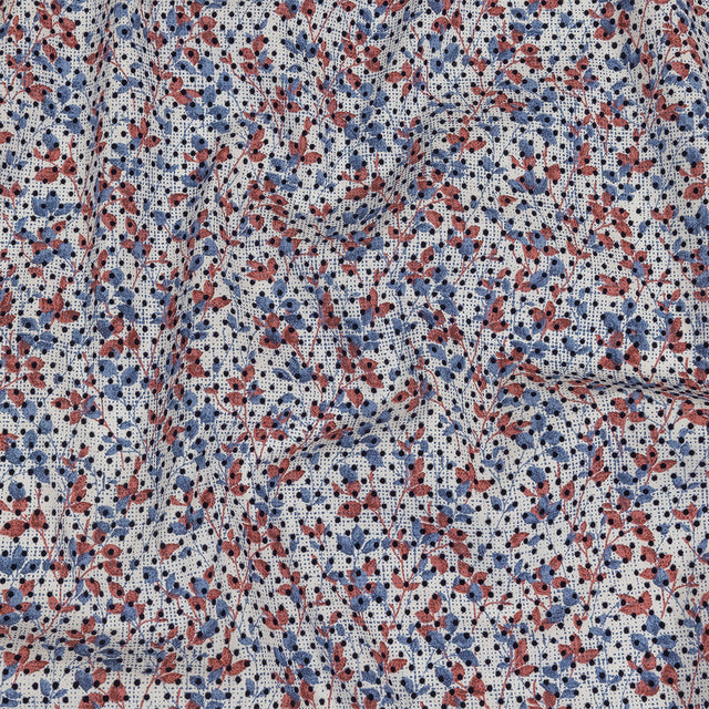 Black Flocked Polka Dots on Red, White and Blue Leaves and Dots Stretch Cotton Shirting