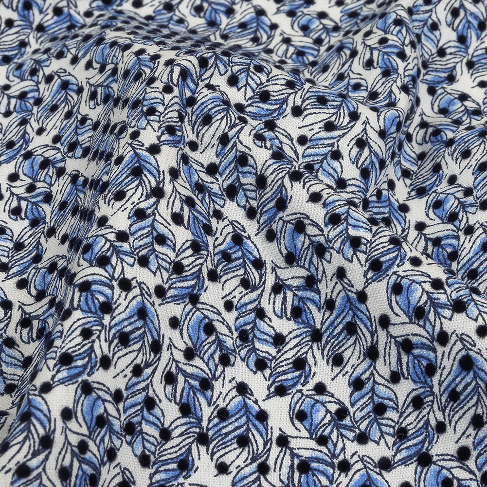 Black Flocked Polka Dots on Blue and White Leaves Stretch Cotton Shirting Detail