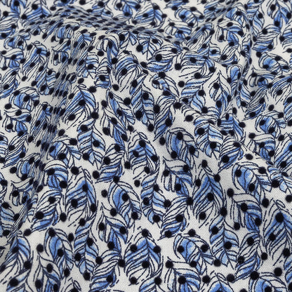 Black Flocked Polka Dots on Blue and White Leaves Stretch Cotton Shirting Detail