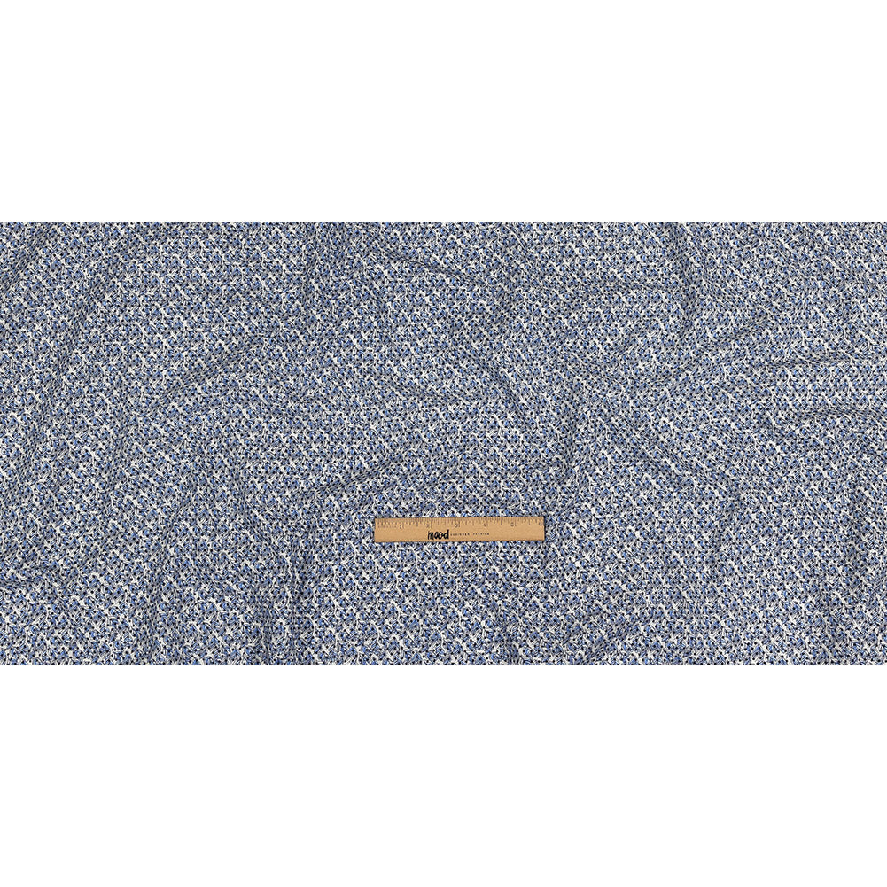 Black Flocked Polka Dots on Blue and White Leaves Stretch Cotton Shirting Full