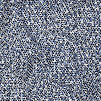 Black Flocked Polka Dots on Blue and White Leaves Stretch Cotton Shirting