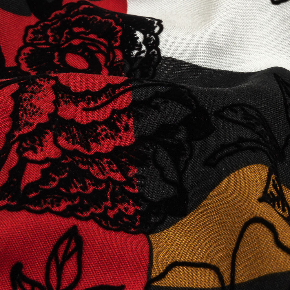 Red, Mustard and Black Flocked Flowers on Geometric Printed Viscose Woven Folded