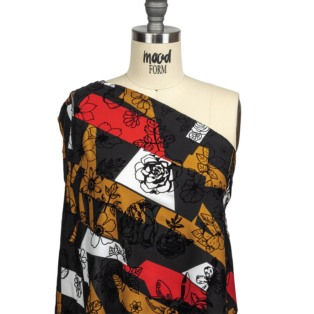 Red, Mustard and Black Flocked Flowers on Geometric Printed Viscose Woven Detail
