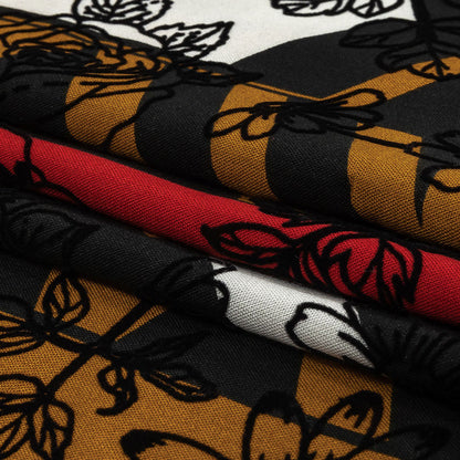 Red, Mustard and Black Flocked Flowers on Geometric Printed Viscose Woven Full