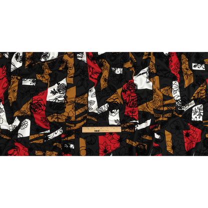Red, Mustard and Black Flocked Flowers on Geometric Printed Viscose Woven Drape
