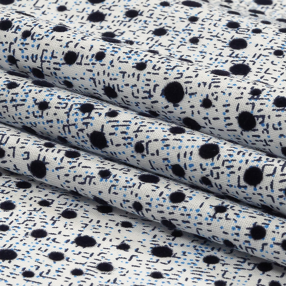 Black Flocked Polka Dots on Blue, Gray and White Abstract Stretch Cotton Shirting Folded