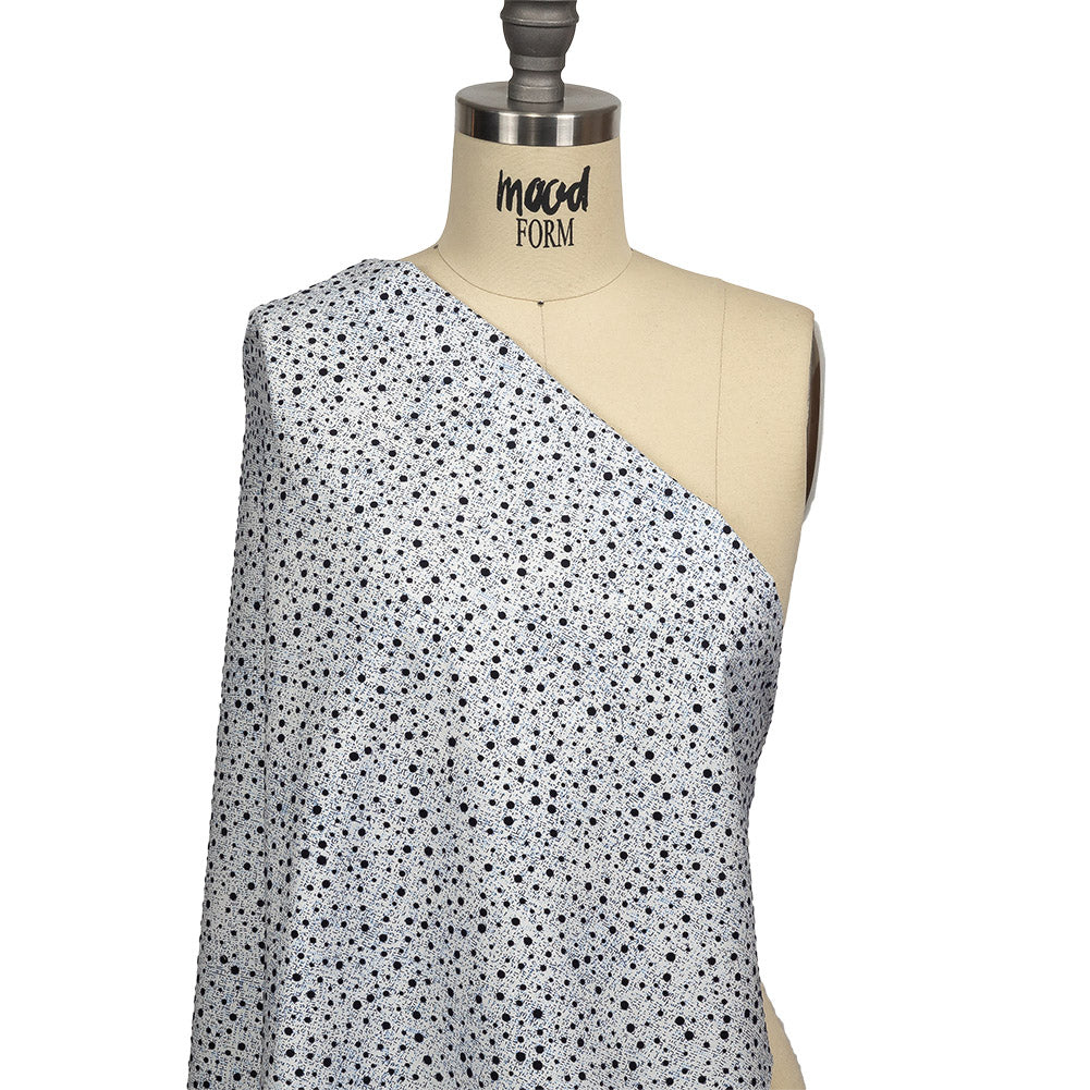 Black Flocked Polka Dots on Blue, Gray and White Abstract Stretch Cotton Shirting Drape