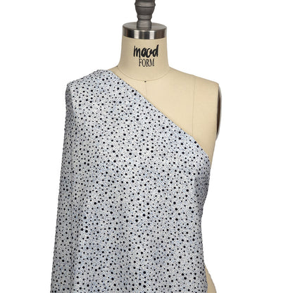 Black Flocked Polka Dots on Blue, Gray and White Abstract Stretch Cotton Shirting Drape