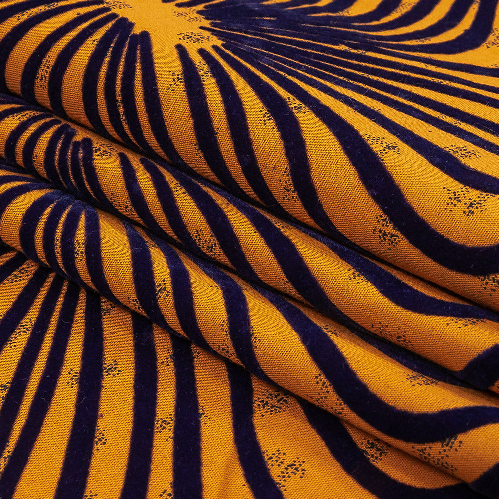 Navy Flocked Abstract Florals on Mustard and Navy Abstract Stretch Cotton and Polyester Shirting Folded