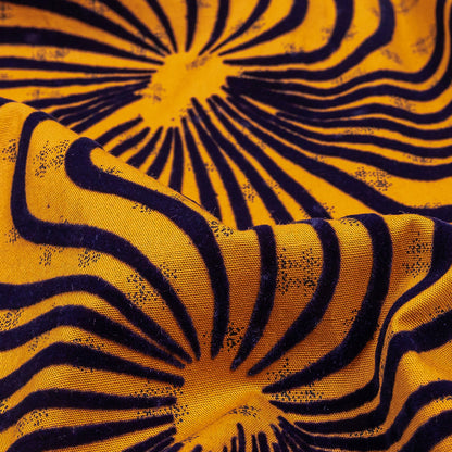 Navy Flocked Abstract Florals on Mustard and Navy Abstract Stretch Cotton and Polyester Shirting Detail