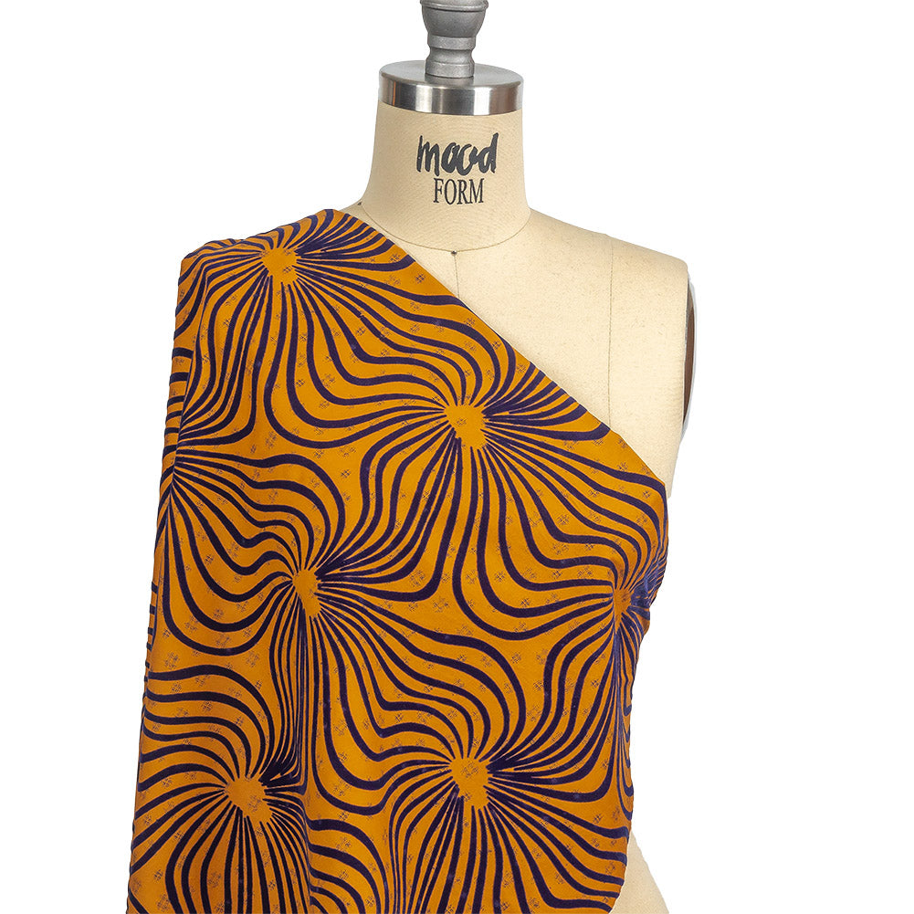 Navy Flocked Abstract Florals on Mustard and Navy Abstract Stretch Cotton and Polyester Shirting Drape