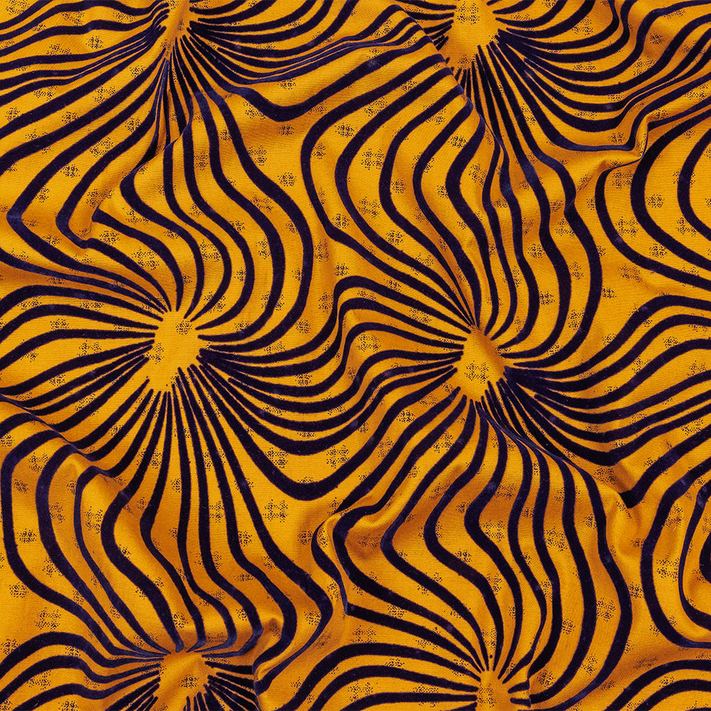 Navy Flocked Abstract Florals on Mustard and Navy Abstract Stretch Cotton and Polyester Shirting