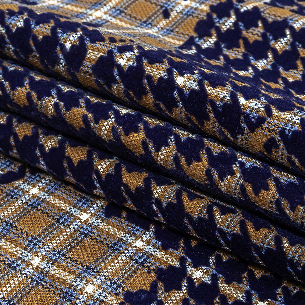 Navy, Tan and White Negative Space Florals in Flocked Houndstooth on Plaid Rustic Cotton and Polyester Woven Folded