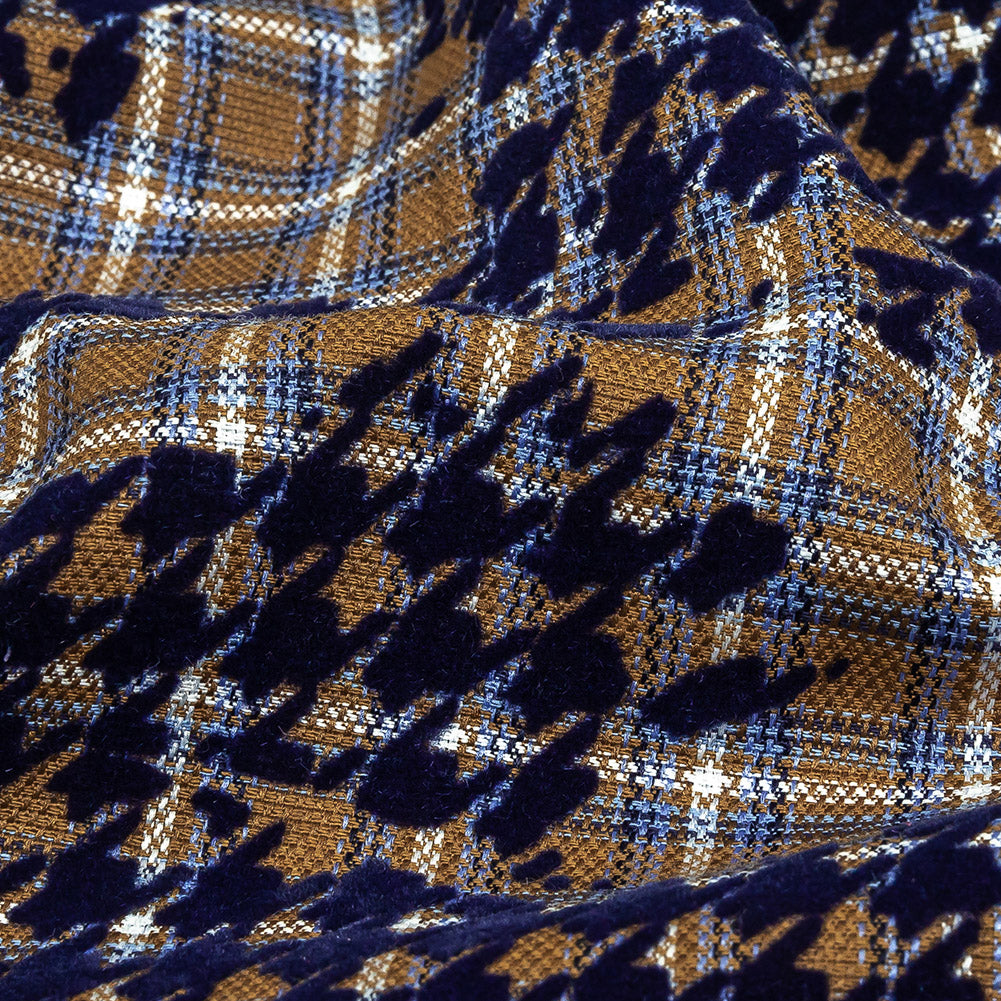 Navy, Tan and White Negative Space Florals in Flocked Houndstooth on Plaid Rustic Cotton and Polyester Woven Detail