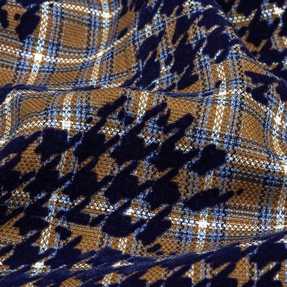 Navy, Tan and White Negative Space Florals in Flocked Houndstooth on Plaid Rustic Cotton and Polyester Woven Detail