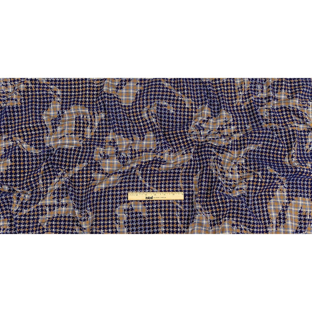 Navy, Tan and White Negative Space Florals in Flocked Houndstooth on Plaid Rustic Cotton and Polyester Woven Full