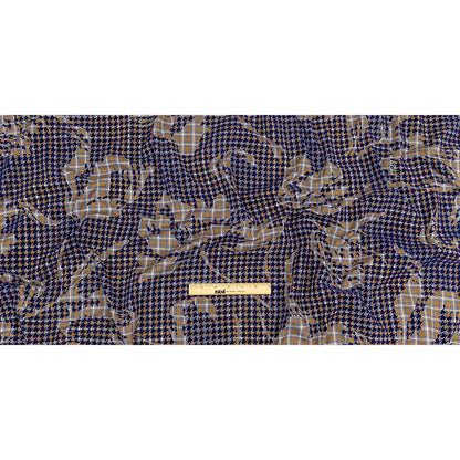 Navy, Tan and White Negative Space Florals in Flocked Houndstooth on Plaid Rustic Cotton and Polyester Woven Full