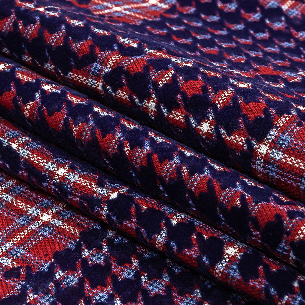 Navy, Red and White Negative Space Florals in Flocked Houndstooth on Plaid Rustic Cotton and Polyester Woven Folded