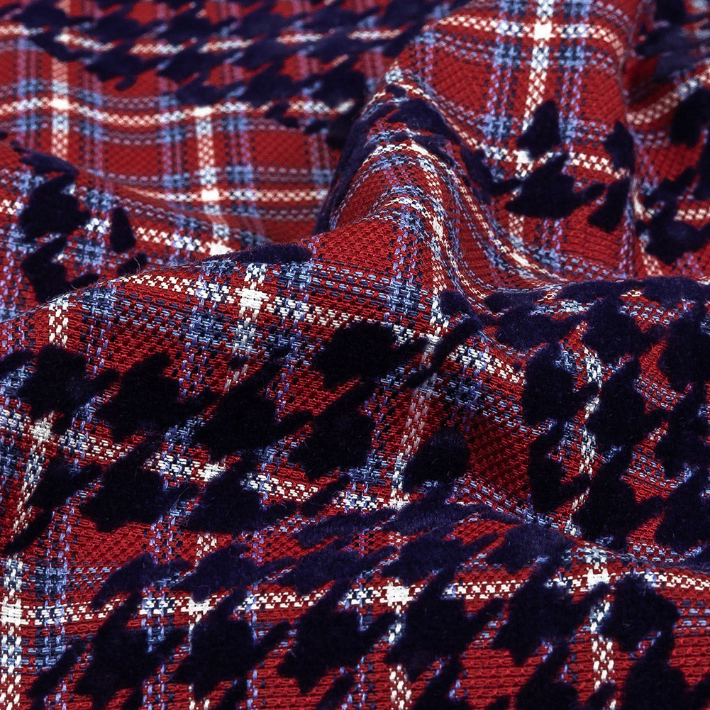 Navy, Red and White Negative Space Florals in Flocked Houndstooth on Plaid Rustic Cotton and Polyester Woven Detail