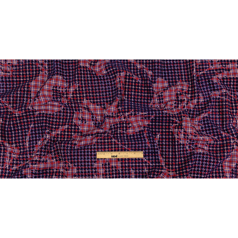 Navy, Red and White Negative Space Florals in Flocked Houndstooth on Plaid Rustic Cotton and Polyester Woven Full