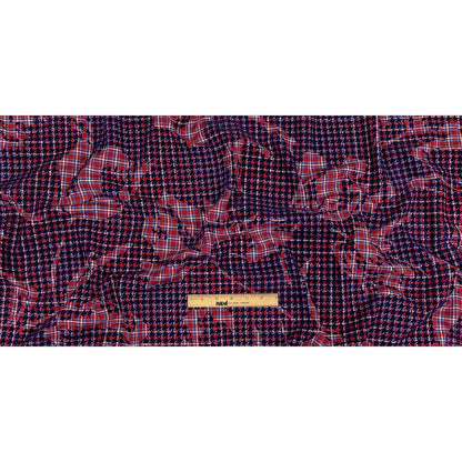 Navy, Red and White Negative Space Florals in Flocked Houndstooth on Plaid Rustic Cotton and Polyester Woven Full
