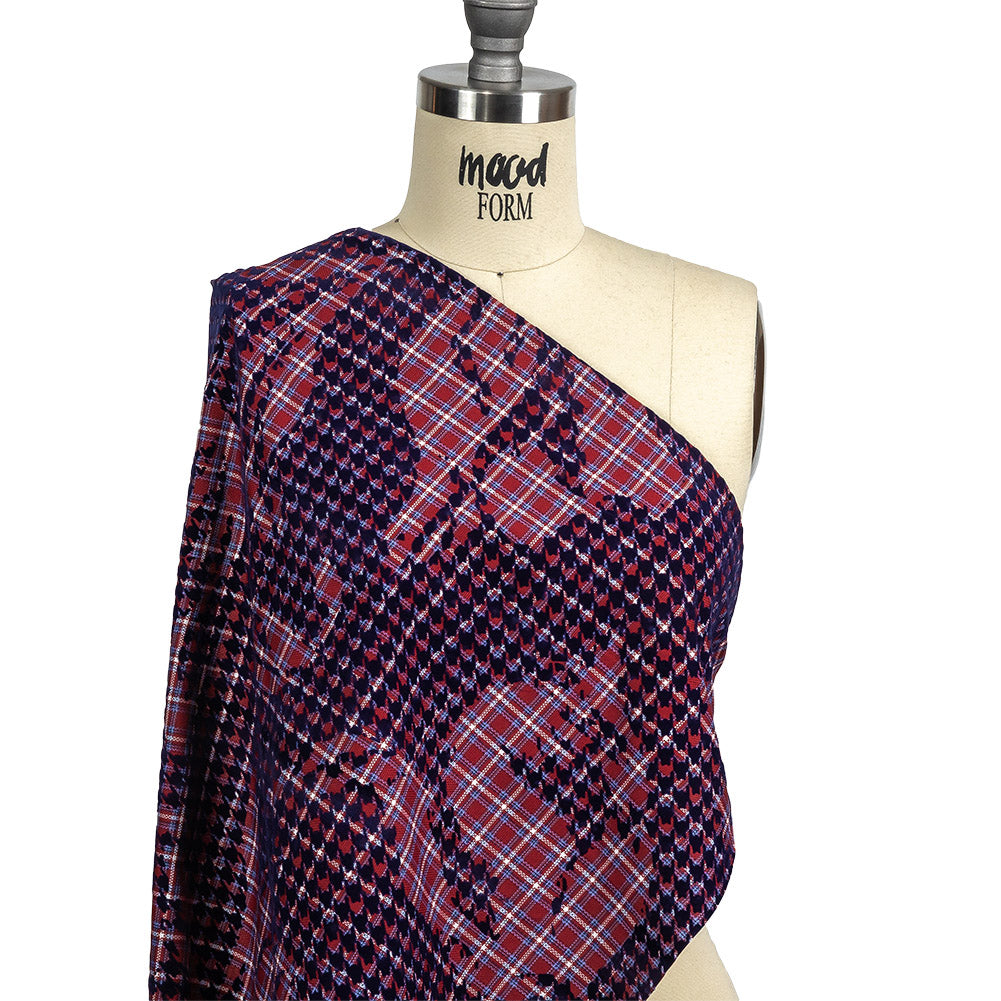 Navy, Red and White Negative Space Florals in Flocked Houndstooth on Plaid Rustic Cotton and Polyester Woven Drape