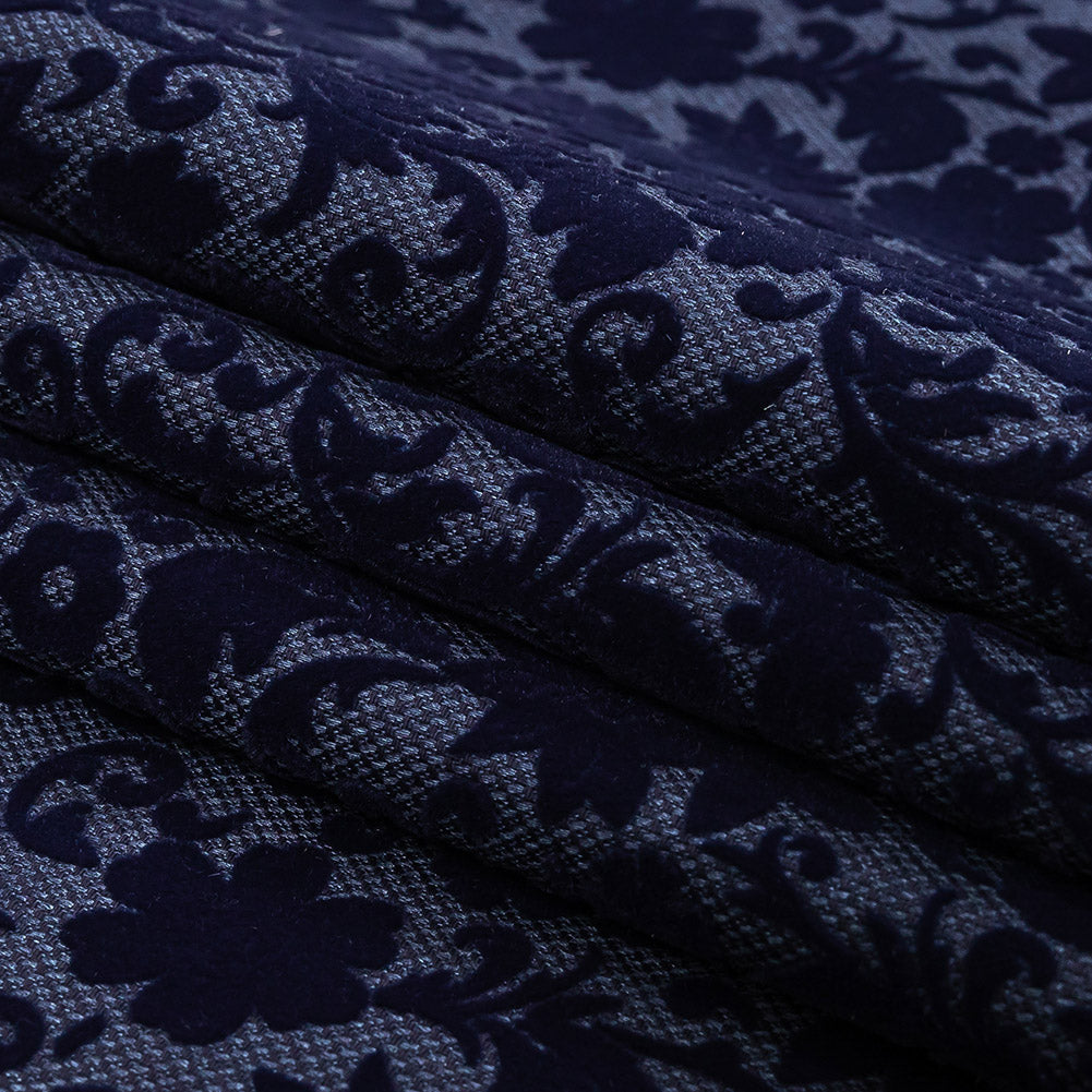 Navy Flocked Classical Florals on Diamond Cotton and Polyester Dobby Folded