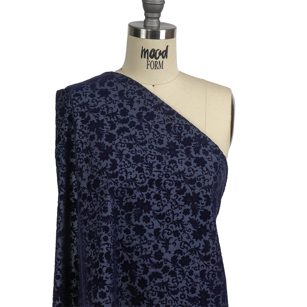 Navy Flocked Classical Florals on Diamond Cotton and Polyester Dobby Drape