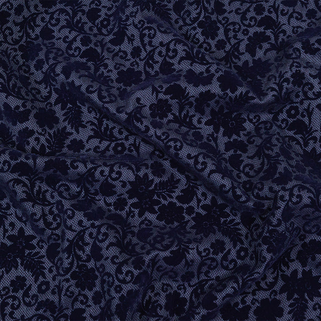 Navy Flocked Classical Florals on Diamond Cotton and Polyester Dobby
