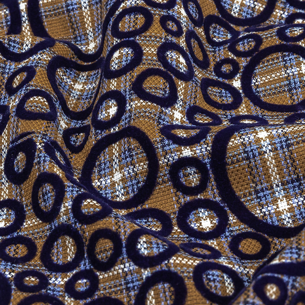 Tan, White and Navy Flocked Circles on Plaid Rustic Cotton and Polyester Woven Folded