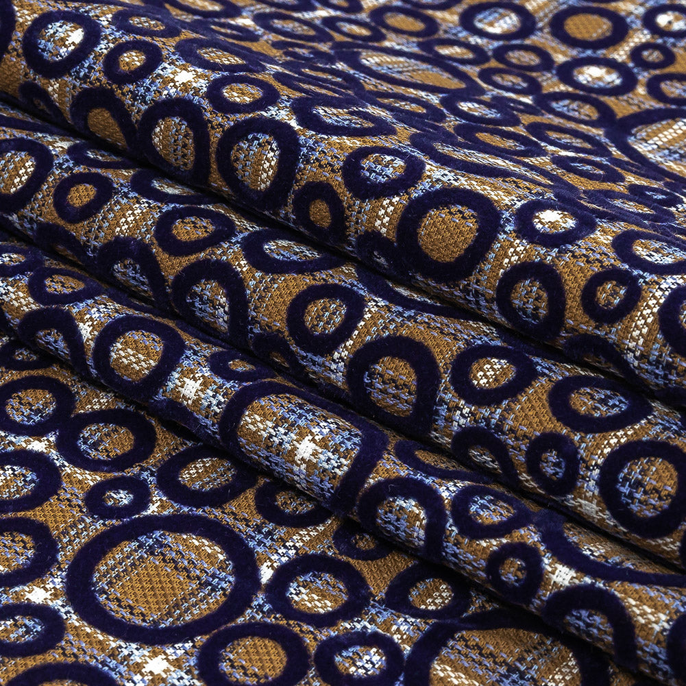 Tan, White and Navy Flocked Circles on Plaid Rustic Cotton and Polyester Woven Full