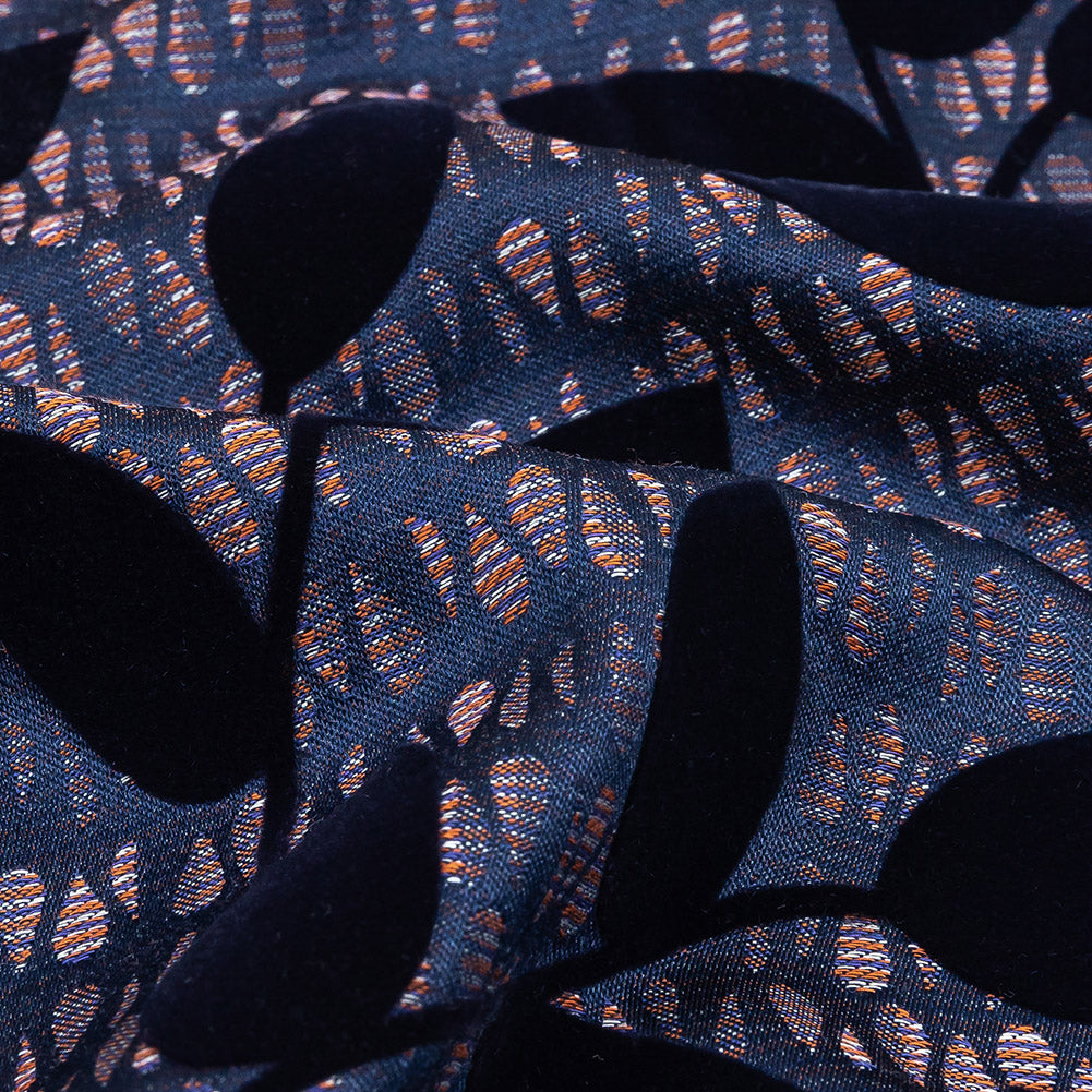 Navy Flocked Leafy Vines on Lilac, Orange and Blue Striped Teardrops Cotton and Polyester Jacquard Detail