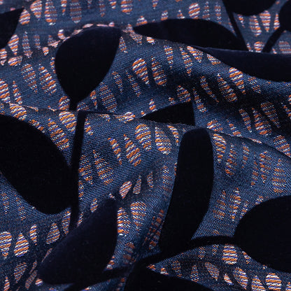 Navy Flocked Leafy Vines on Lilac, Orange and Blue Striped Teardrops Cotton and Polyester Jacquard Detail