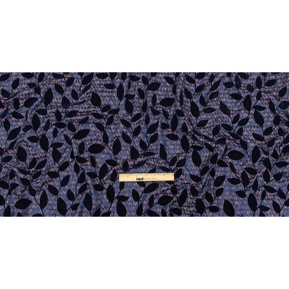 Navy Flocked Leafy Vines on Lilac, Orange and Blue Striped Teardrops Cotton and Polyester Jacquard Full