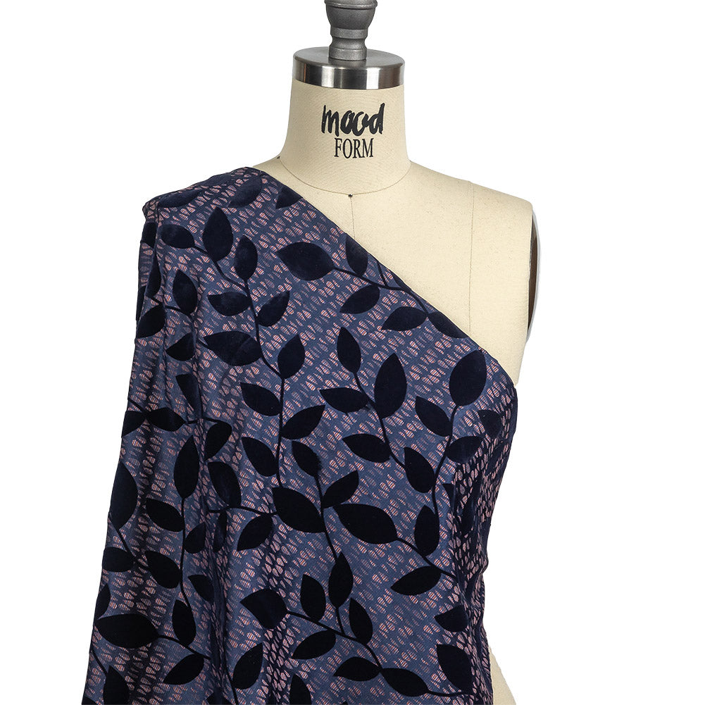 Navy Flocked Leafy Vines on Lilac, Orange and Blue Striped Teardrops Cotton and Polyester Jacquard Drape
