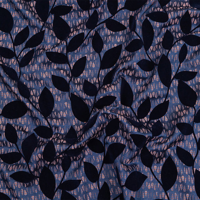 Navy Flocked Leafy Vines on Lilac, Orange and Blue Striped Teardrops Cotton and Polyester Jacquard