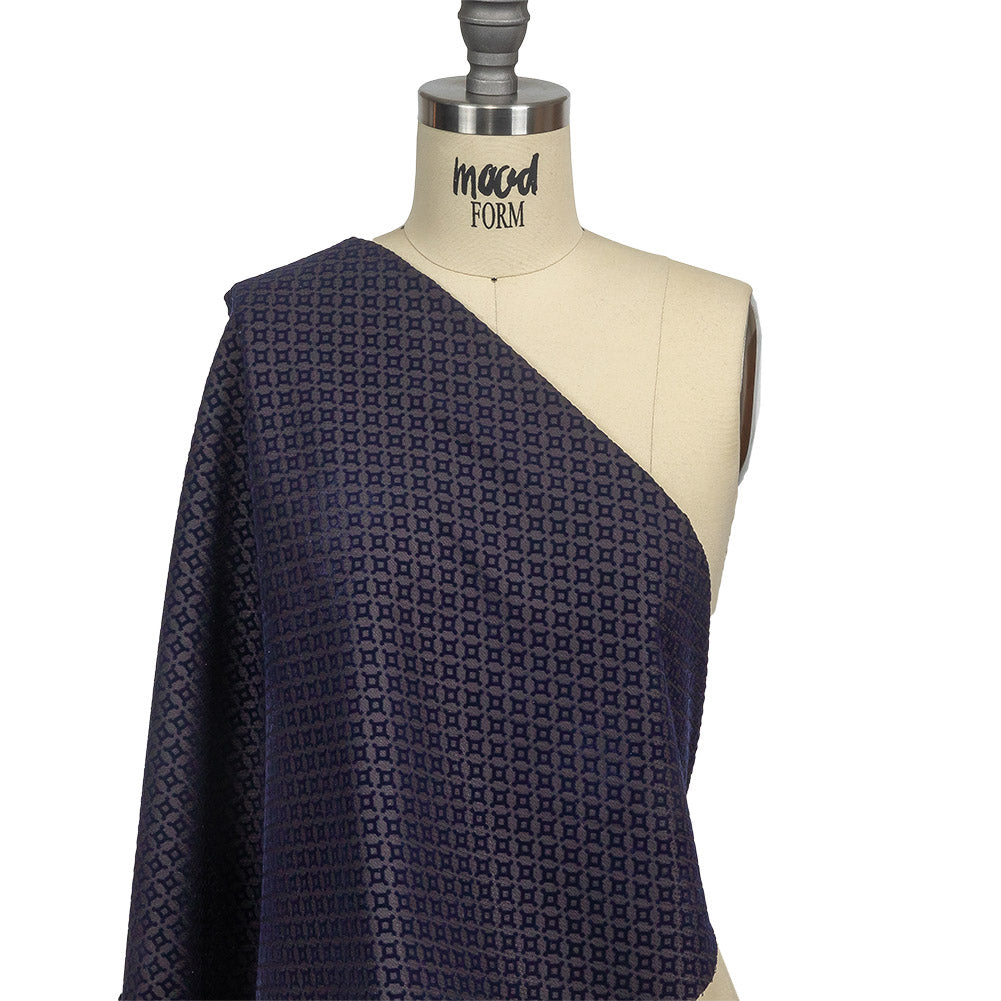 Navy Flocked Diamond Stars on Black Diamonds Stretch Cotton Dobby Drape