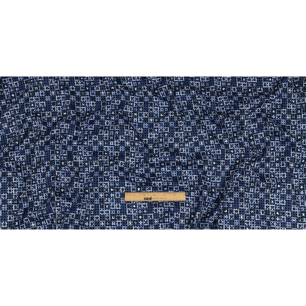 Navy Flocked Polka Dots on White, Twilight Blue and Maritime Blue Squares Stretch Cotton Twill Full