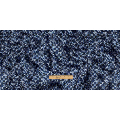 Navy Flocked Polka Dots on White, Twilight Blue and Maritime Blue Squares Stretch Cotton Twill Full