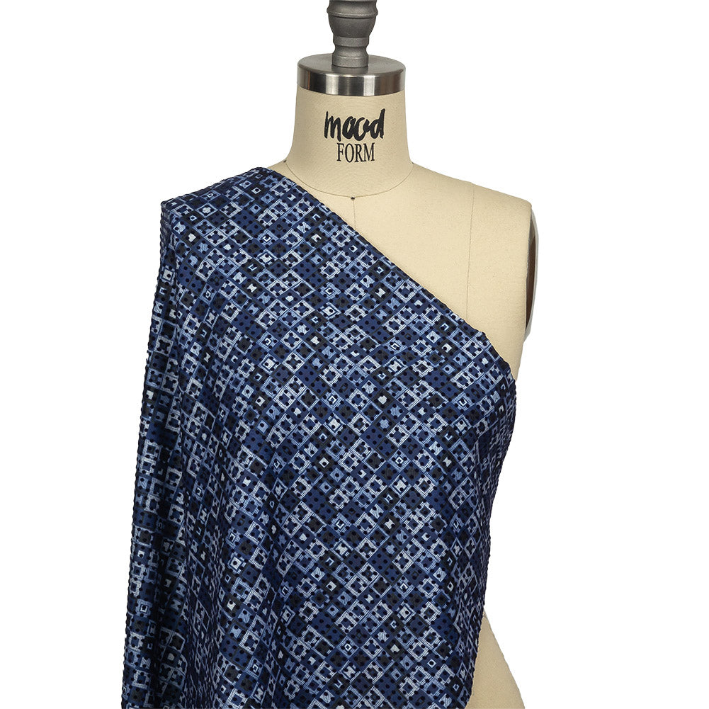 Navy Flocked Polka Dots on White, Twilight Blue and Maritime Blue Squares Stretch Cotton Twill Drape