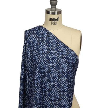 Navy Flocked Polka Dots on White, Twilight Blue and Maritime Blue Squares Stretch Cotton Twill Drape