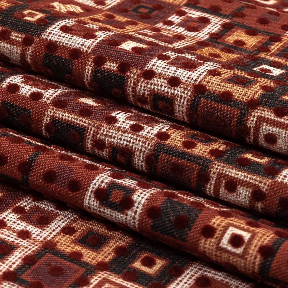 Burgundy Flocked Polka Dots on Russet Brown, Yellow and Black Bean Squares Stretch Cotton Twill Folded
