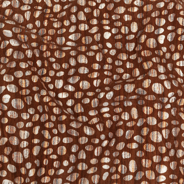 Brown Flocked Bubbles on Brown, Orange and White Distressed Stripes Printed Stretch Cotton Twill