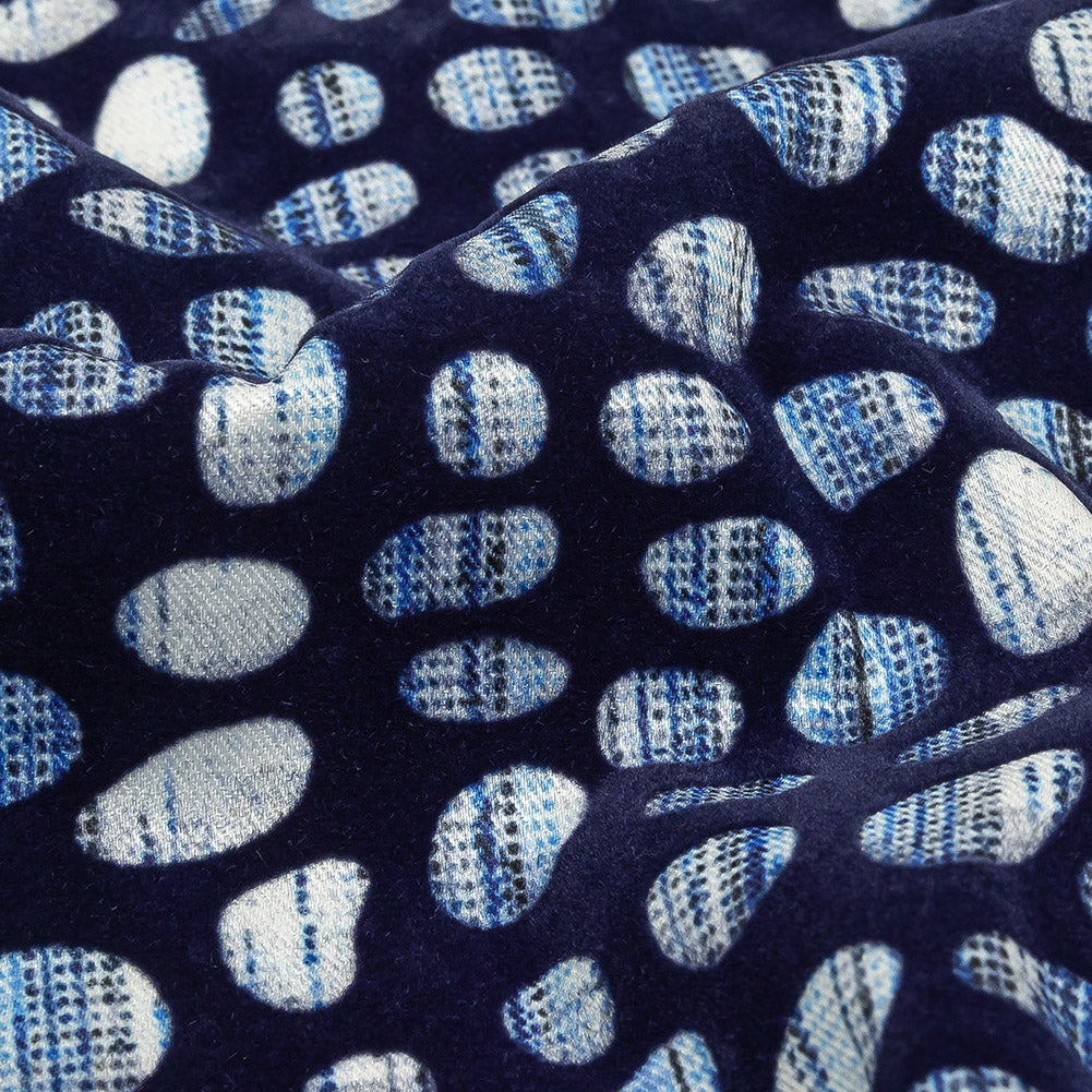 Navy Flocked Bubbles on Blue and White Distressed Stripes Printed Stretch Cotton Twill Detail