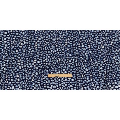 Navy Flocked Bubbles on Blue and White Distressed Stripes Printed Stretch Cotton Twill Full