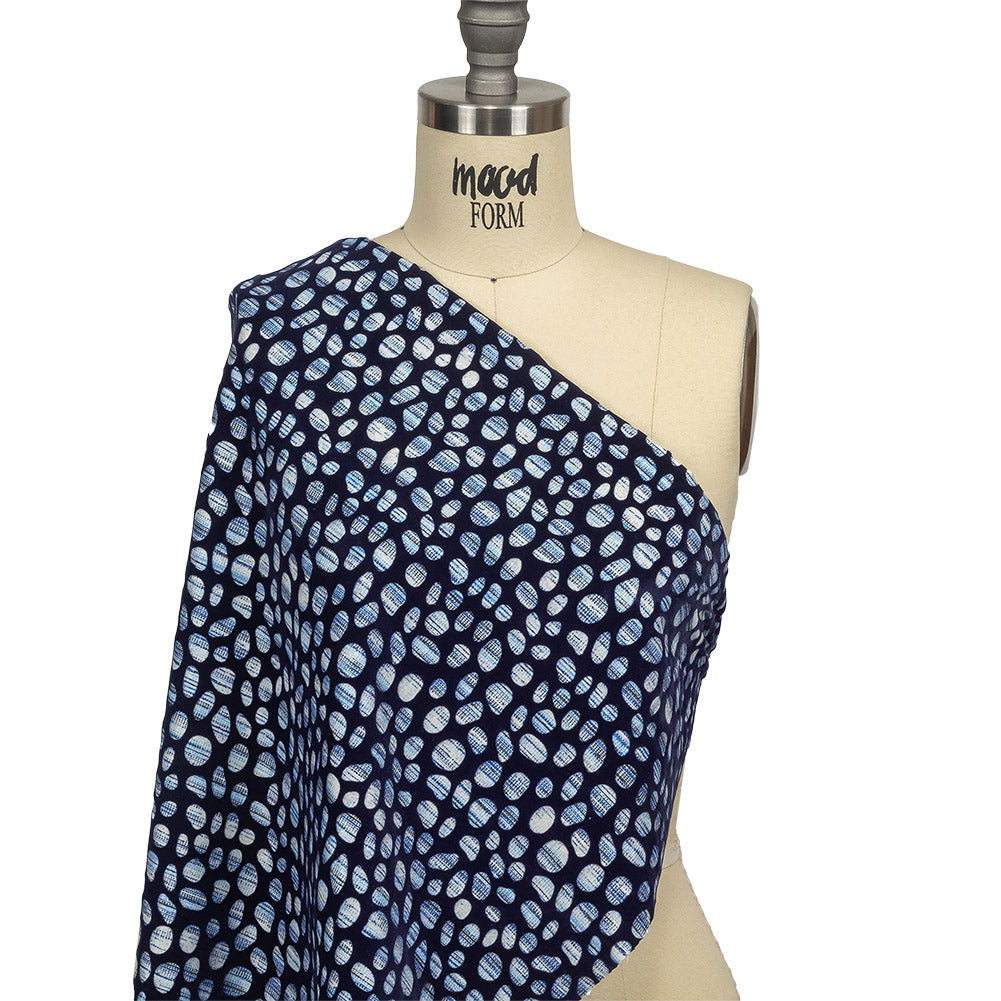 Navy Flocked Bubbles on Blue and White Distressed Stripes Printed Stretch Cotton Twill Drape